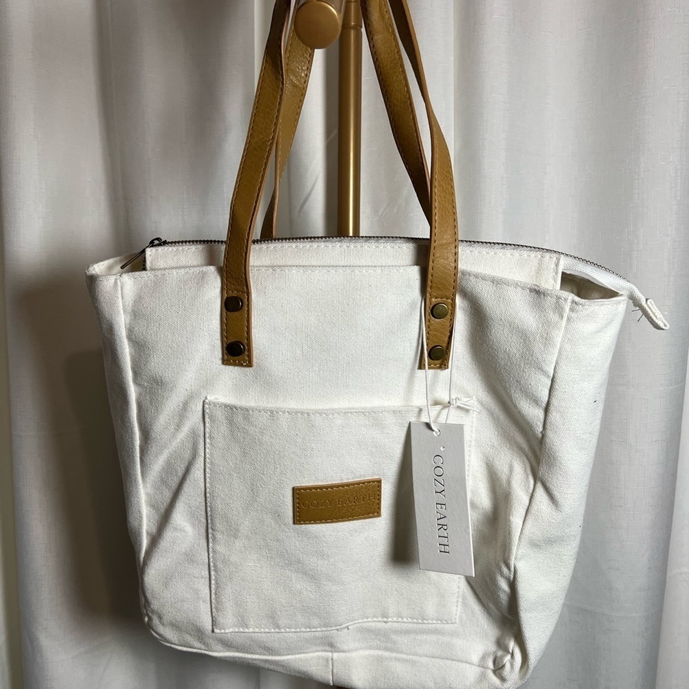 Cozy Earth Chic White and Tan Canvas Tote with Leather Handles